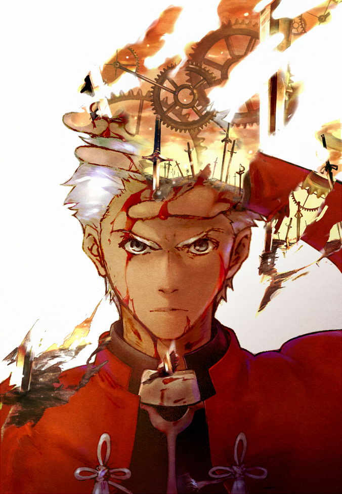 archer blood blood_on_face crimo dark_skin dark_skinned_male double_exposure fate/stay_night fate_(series) gears male_focus solo sword unlimited_blade_works weapon white_hair
