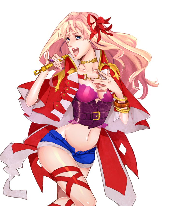 bad_id bad_pixiv_id blonde_hair blue_eyes bracelet breasts choker jewelry long_hair macross macross_frontier macross_frontier:_itsuwari_no_utahime maya_(many_pictures) medium_breasts microphone midriff music open_mouth ring sheryl_nome shorts singing solo