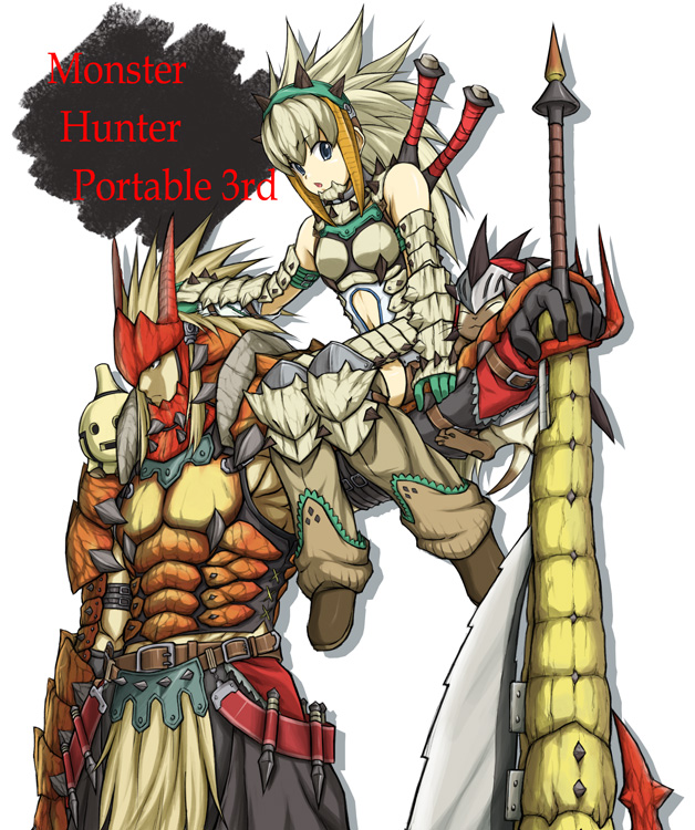 1girl armor bad_id bad_pixiv_id barioth_(armor) belt boots felyne gauntlets gloves grey_eyes hand_on_head height_difference helmet huge_weapon itouei long_hair monster_hunter monster_hunter_portable_3rd rathalos_(armor) sidelocks spiked_hair switch_axe sword weapon white_hair
