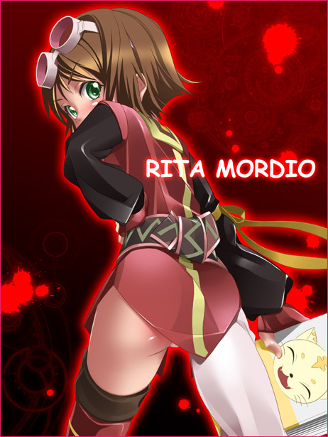 ass belt book brown_hair childmaid_(artist) from_behind goggles goggles_on_head green_eyes hand_on_hip rita_mordio short_hair solo tales_of_(series) tales_of_vesperia