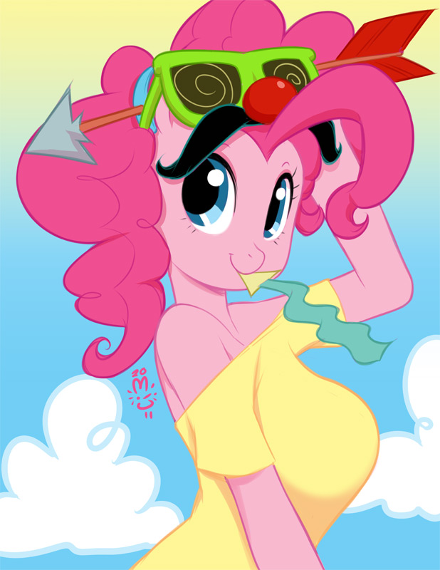 anthro anthrofied arrow big_breasts blue_eyes breasts clothed clothing cloud clouds cute equine eyewear facial_hair female friendship_is_magic fur glass glasses hair horse humor long_hair looking_at_viewer mammal miu mustache my_little_pony pink_body pink_fur pink_hair pinkie_pie_(mlp) pinup pony pose smile solo