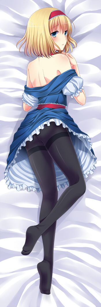 alice_margatroid back bad_id bad_pixiv_id bare_back bare_shoulders bed_sheet black_legwear blonde_hair blue_eyes dakimakura dress feet full_body hairband legs lying off_shoulder on_stomach pantyhose short_hair solo tottoto_tomekichi touhou