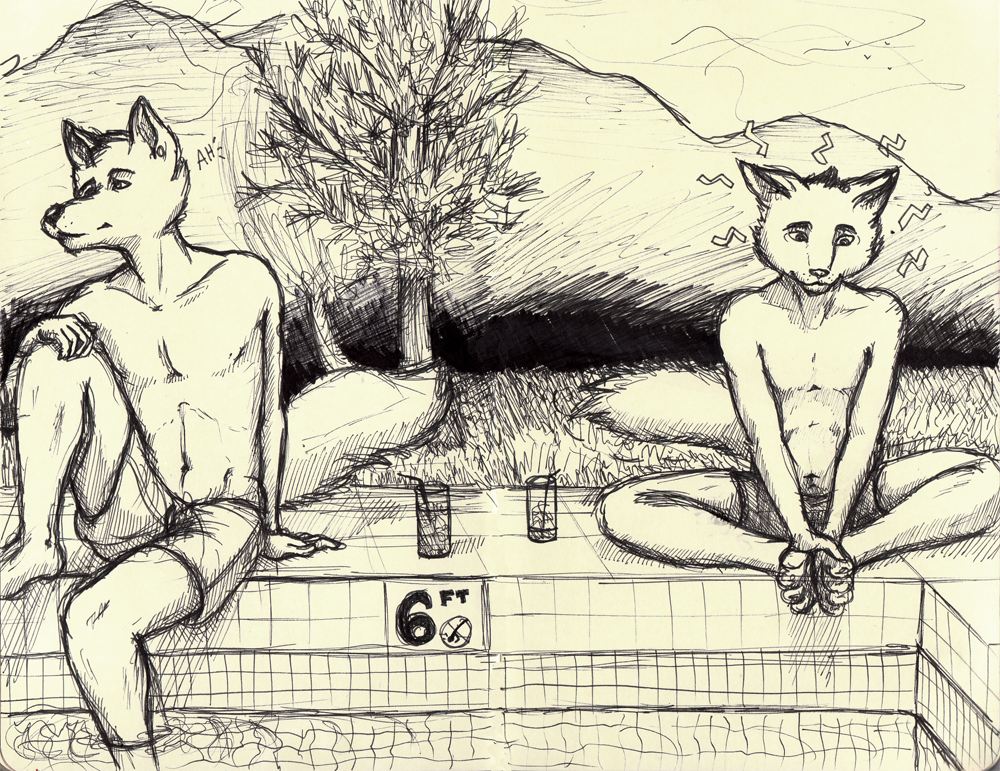 canine cat clothing feline looking_away male mammal monochrome pool sepia shorts sitting sketch topless wolf