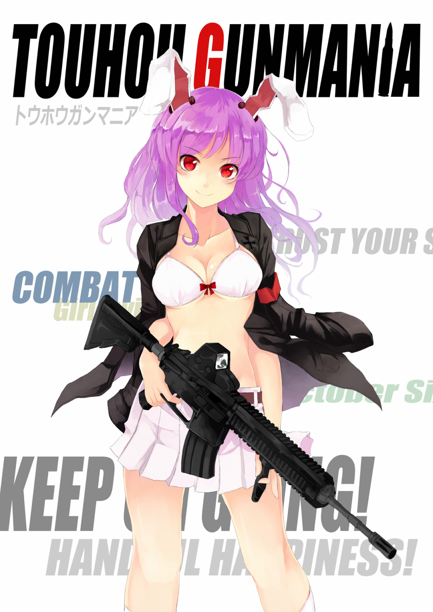 animal_ears armband assault_rifle belt blush bow bow_bra bra breasts bunny_ears cleavage collarbone english eotech face gun heckler_&amp;_koch highres hk416 jacket_on_shoulders lingerie long_hair looking_at_viewer medium_breasts miniskirt nanahara_fuyuki open_clothes pleated_skirt purple_hair red_eyes reisen_udongein_inaba rifle skirt smile solo touhou underwear vertical_foregrip weapon white_bra white_skirt
