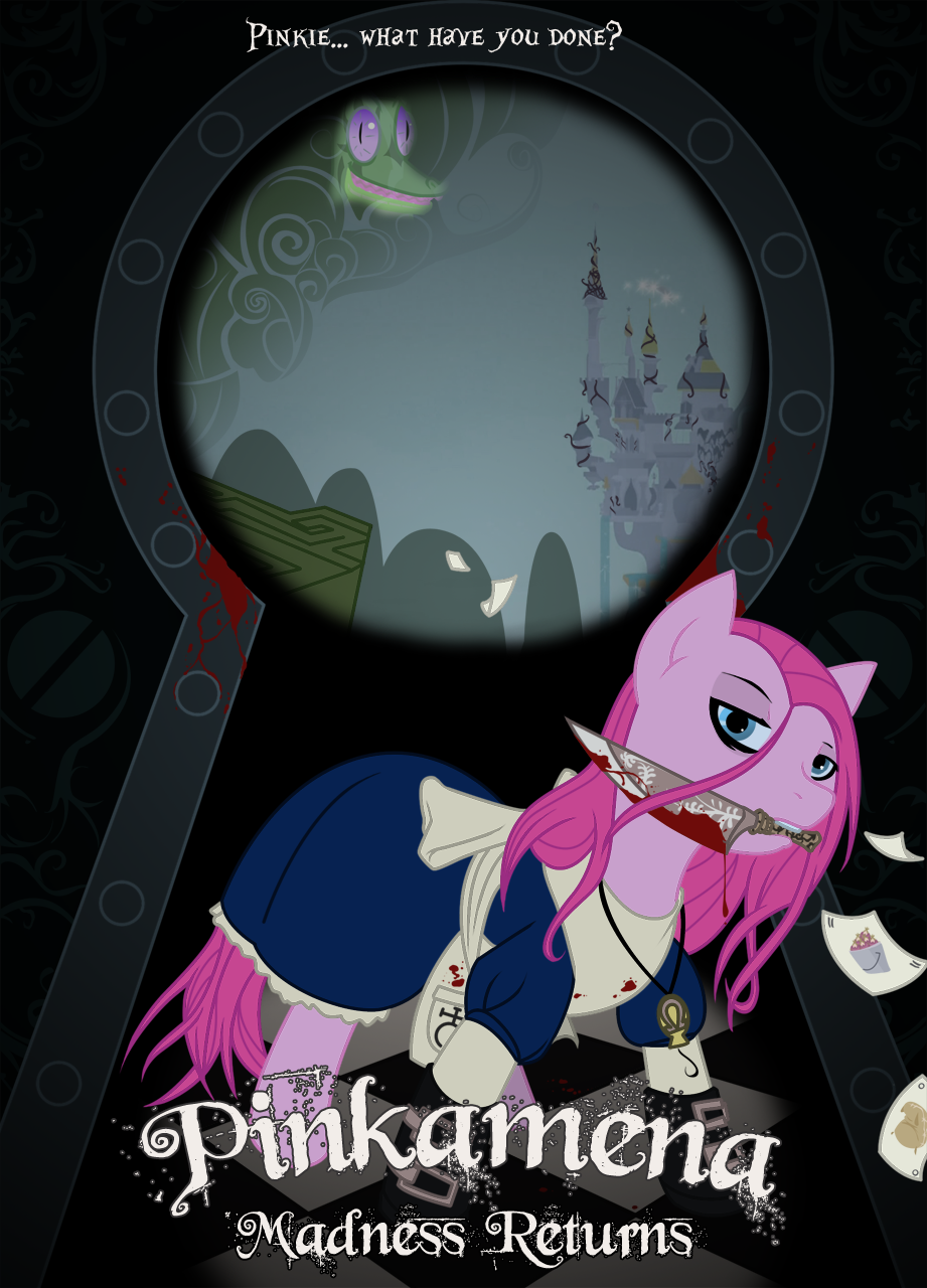 alice_in_wonderland alice_liddel alice_liddell alligator american_mcgee's_alice american_mcgee's_alice blade blood boots card cartoon castle clothed clothing dark darkness dress english_text equine female feral friendship_is_magic fur gummy_(mlp) hair heavymetalmirage horse keyhole knife looking_at_viewer male mammal mouth_hold my_little_pony parody pink_fur pink_hair pinkamena_(mlp) pinkie_pie_(mlp) pony reptile scalie solo tail text twisted video_games vorpal_blade