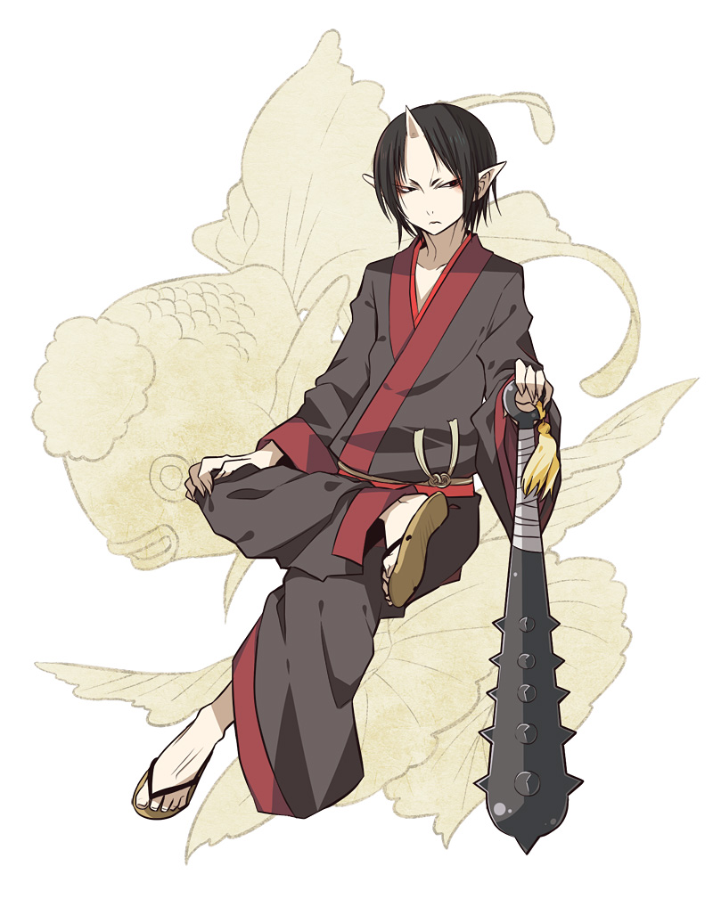 black_eyes black_hair club eyeshadow fingernails hoozuki_(hoozuki_no_reitetsu) hoozuki_no_reitetsu horn japanese_clothes kanabou kintaro long_sleeves makeup male_focus oni pointy_ears sandals scowl sharp_fingernails solo spiked_club weapon