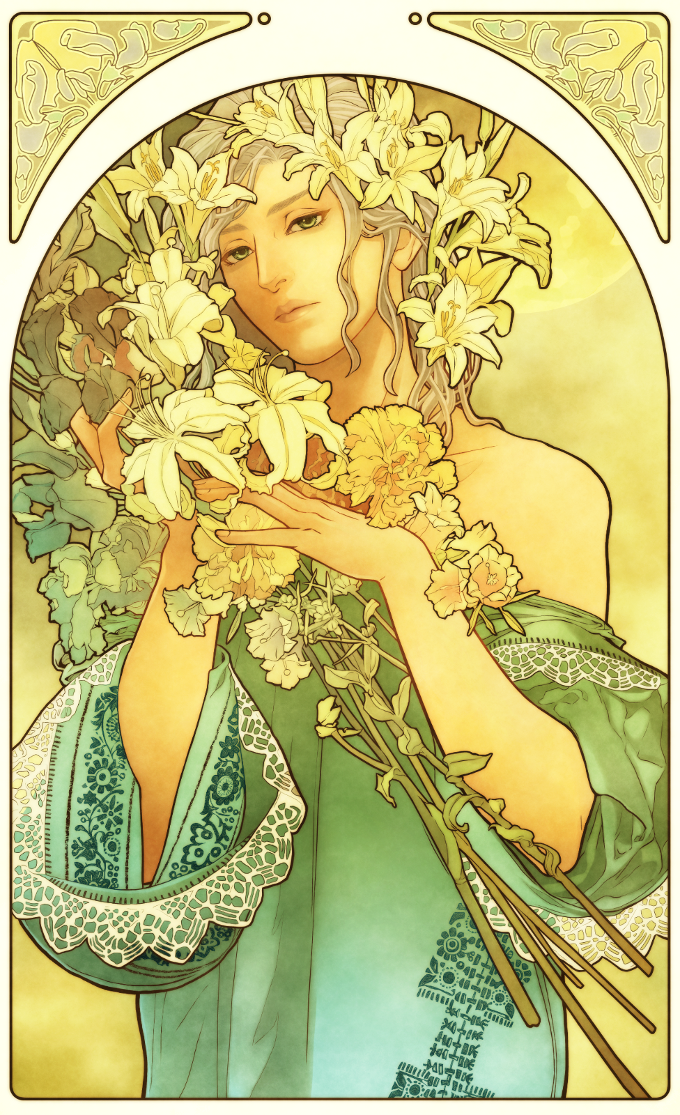 art_nouveau bad_id bad_pixiv_id bare_shoulders face flower green_eyes grey_hair hands imonosato lily_(flower) lips long_hair male_focus silver_hair solo tiger_&amp;_bunny yuri_petrov