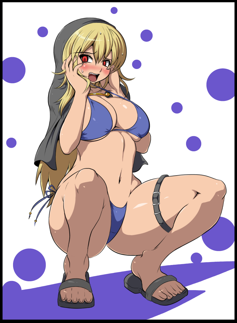 bikini blush breasts cleavage commentary_request curvy garters goeniko hands_on_own_cheeks hands_on_own_face hood kara_age large_breasts legs m.u.g.e.n md5_mismatch open_mouth red_eyes solo spread_legs squatting swimsuit the_king_of_fighters underboob