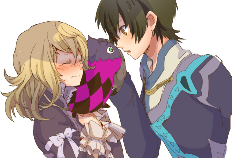 1girl :o black_hair blonde_hair blush bow closed_eyes doll dress elize_lutus frills gloves hand_on_head hands_on_own_chest isago_(ica) jude_mathis open_mouth short_hair simple_background tales_of_(series) tales_of_xillia teepo_(tales) wavy_mouth white_background yellow_eyes