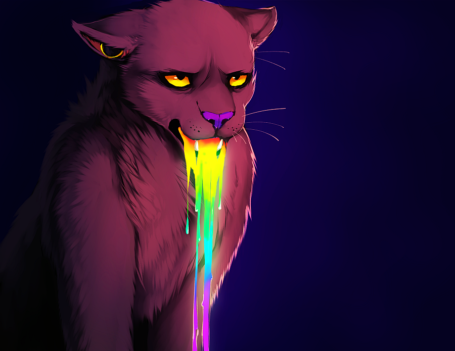 ambiguous_gender brown_fur falvie feline fur humor male mammal panther plain_background purple_nose rainbow solo technicolor_yawn teeth vomit whiskers yellow_eyes