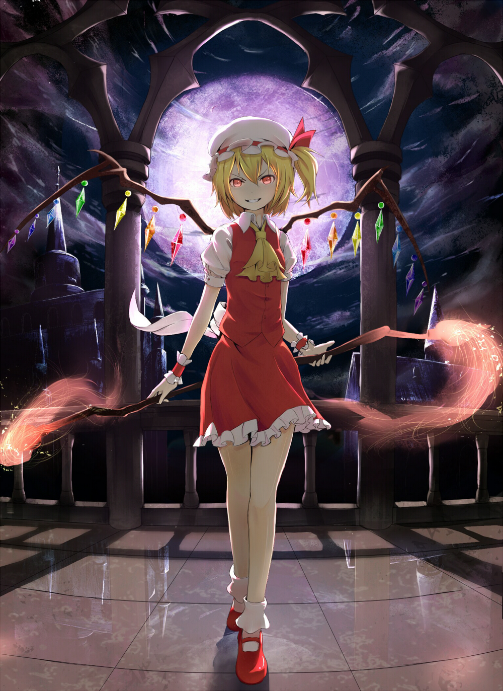 :d ascot bare_legs blonde_hair bobby_socks fire flame flandre_scarlet frilled_skirt frills full_moon grin highres laevatein looking_at_viewer magic mary_janes miniskirt moon night night_sky open_mouth purple_moon red_eyes red_skirt reflection shoes shouin side_ponytail skirt skirt_set sky smile socks solo touhou v-shaped_eyebrows vest wrist_cuffs