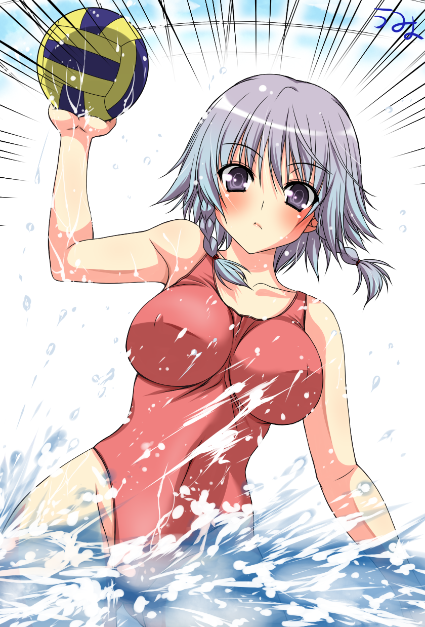 bare_shoulders blush braid breasts grey_eyes highres impossible_clothes impossible_shirt izayoi_sakuya large_breasts looking_at_viewer one-piece_swimsuit partially_submerged purple_eyes shirt short_hair silver_hair solo swimsuit touhou twin_braids umyonge_(lkakeu) water water_polo