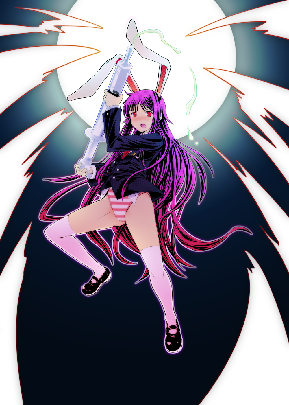 animal_ears bad_id bad_pixiv_id blazer blush bunny_ears full_body full_moon gradient gradient_background highres inuga_anahoru jacket kneehighs legs long_hair looking_at_viewer mary_janes moon no_pants open_mouth oversized_object panties pink_panties purple_hair red_eyes red_hair reisen_udongein_inaba shoes solo striped striped_panties syringe thighhighs thighs touhou underwear very_long_hair white_legwear
