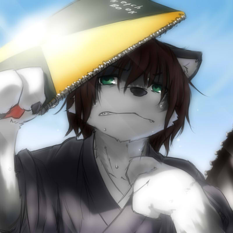 black_hair close-up clothed clothing green_eyes hair heat_(temperature) izzanglan japanese_clothing kimono male notepad outside portrait sketchbook solo stone_(artist) sun sunlight sweat