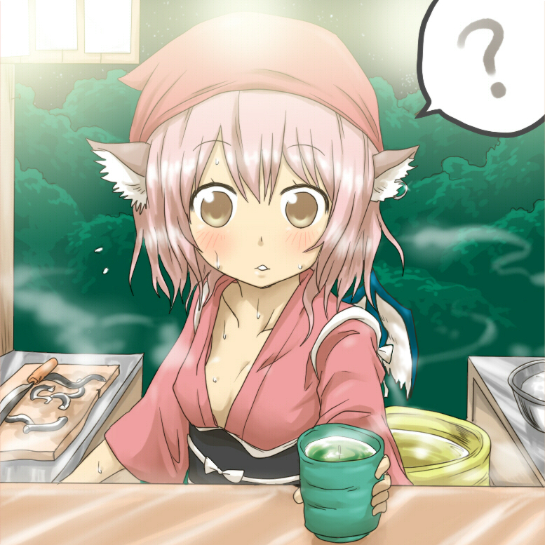 ? animal_ears blush breasts brown_eyes cleavage collarbone counter cup cutting_board downblouse dress ear_piercing earrings eel face forest hat head_scarf japanese_clothes jewelry knife mystia_lorelei nature night no_bra nobamo_pieruda obi okamisty piercing pink_dress pink_hair sash short_hair sky small_breasts solo star_(sky) steam sweat tasuki tea teacup touhou wings