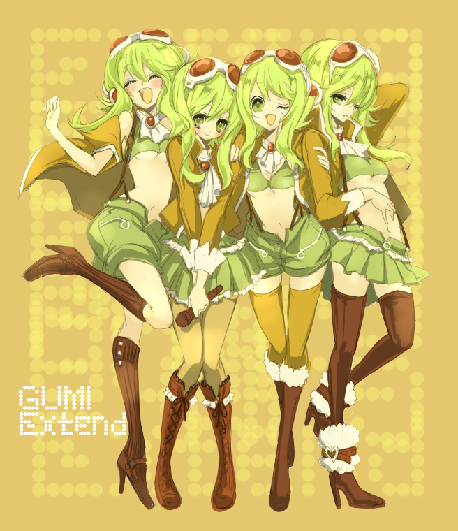 boots breasts clone frilled_skirt frills goggles goggles_on_head green_eyes green_hair green_skirt gumi headphones jacket manbou_no_ane megpoid_(vocaloid3) microphone microskirt midriff miniskirt multiple_girls navel one_eye_closed open_mouth pantyhose pleated_skirt short_hair shorts skirt small_breasts smile socks suspender_skirt suspenders thighhighs underboob vocaloid yellow_legwear zettai_ryouiki