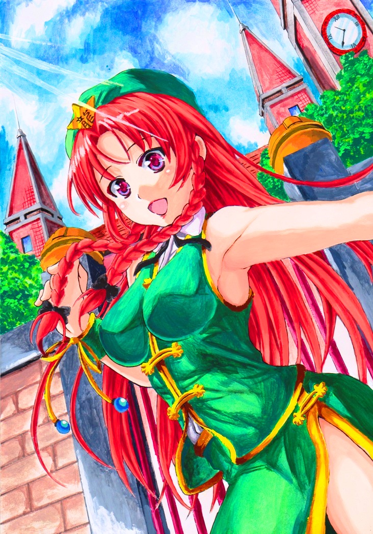 armpits bad_id bad_pixiv_id braid clock clock_tower hat hong_meiling impossible_clothes impossible_shirt long_hair open_mouth pucchomokkyuri123 purple_eyes red_hair shirt solo touhou tower traditional_media twin_braids