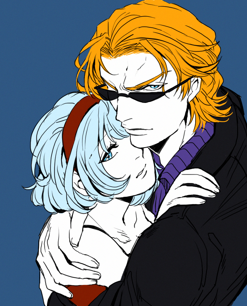1girl bare_shoulders black-framed_eyewear blonde_hair blue_background blue_eyes blue_hair bob_cut cis_(tiger_&amp;_bunny) closed_mouth couple dress expressionless hairband hand_on_another's_shoulder hetero hug jacket keith_goodman looking_at_viewer mozuwaka one_eye_covered parted_lips red_dress short_hair simple_background sleeveless sleeveless_dress sunglasses teeth tiger_&amp;_bunny upper_body white_hair