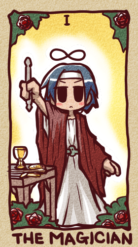 blue_hair blush_stickers flower ikkyuu lowres original robe rose solo tarot the_magician