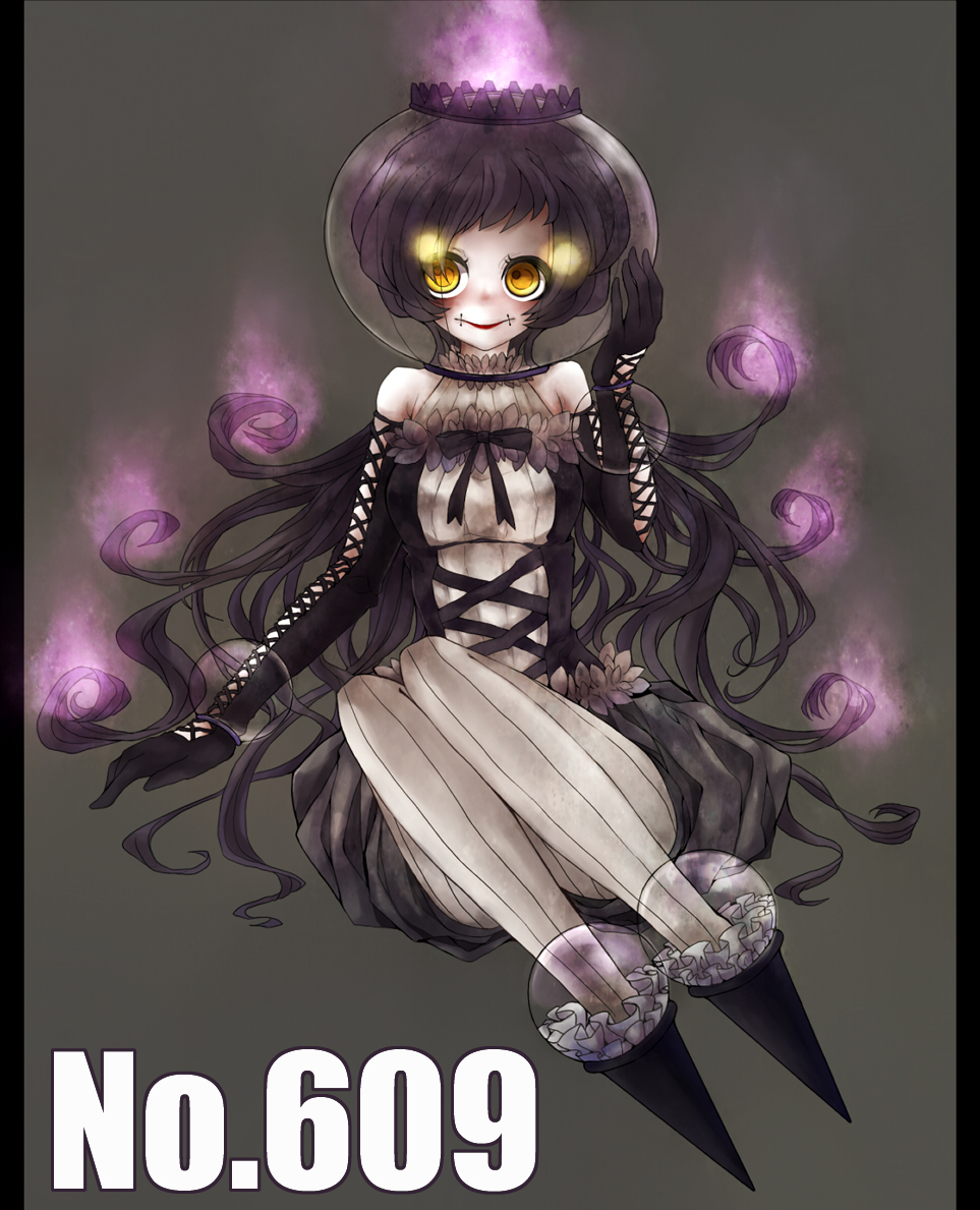 bad_id bad_pixiv_id bare_shoulders bow chandelure curly_hair dress eeko elbow_gloves fire full_body gen_5_pokemon glass gloves high_heels lolita_fashion long_hair pantyhose personification pillarboxed pokemon purple_hair ribbon shoes simple_background sitting smile solo stitches striped striped_legwear vertical-striped_legwear vertical_stripes very_long_hair yellow_eyes