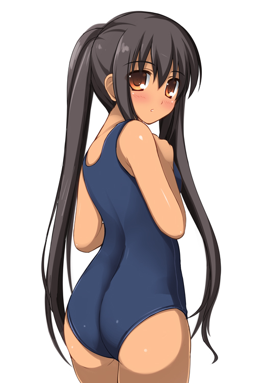 ass bad_id bad_pixiv_id black_hair brown_eyes don_(29219) k-on! long_hair looking_back nakano_azusa one-piece_swimsuit school_swimsuit solo swimsuit tan twintails