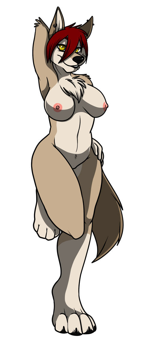 big_thighs breasts canine chest_tuft cooper cooper_(character) female fur hair looking_at_viewer mammal muzz nipples nude one_leg_up pinup plain_background pose red_hair simple_background solo standing tuft white_background wolf yellow_eyes