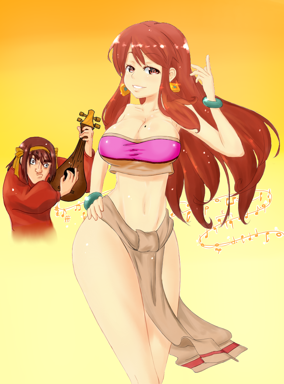 armpits asahina_mikuru bad_id bad_pixiv_id bandeau bangle beamed_eighth_notes bracelet breasts brown_eyes brown_hair chel_(the_road_to_el_dorado) chel_(the_road_to_el_dorado)_(cosplay) cleavage cosplay dotted_half_note dotted_quarter_note earrings eighth_note half_note highres instrument jewelry large_breasts long_hair magister_(medical_whiskey) mandolin miguel_(el_dorado) miguel_(el_dorado)_(cosplay) mole mole_on_breast multiple_girls musical_note navel parody quarter_note sarong sharp_sign shirt smile strapless suzumiya_haruhi suzumiya_haruhi_no_yuuutsu taut_clothes taut_shirt the_road_to_el_dorado tubetop whole_note wide_hips