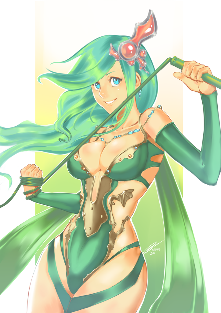 arcbuncle arms_up blue_eyes breasts cleavage detached_sleeves earrings final_fantasy final_fantasy_iv final_fantasy_iv_the_after green_hair green_leotard hair_ornament hips jewelry large_breasts leotard long_hair no_lineart rydia simple_background smile solo thighs weapon whip wide_hips