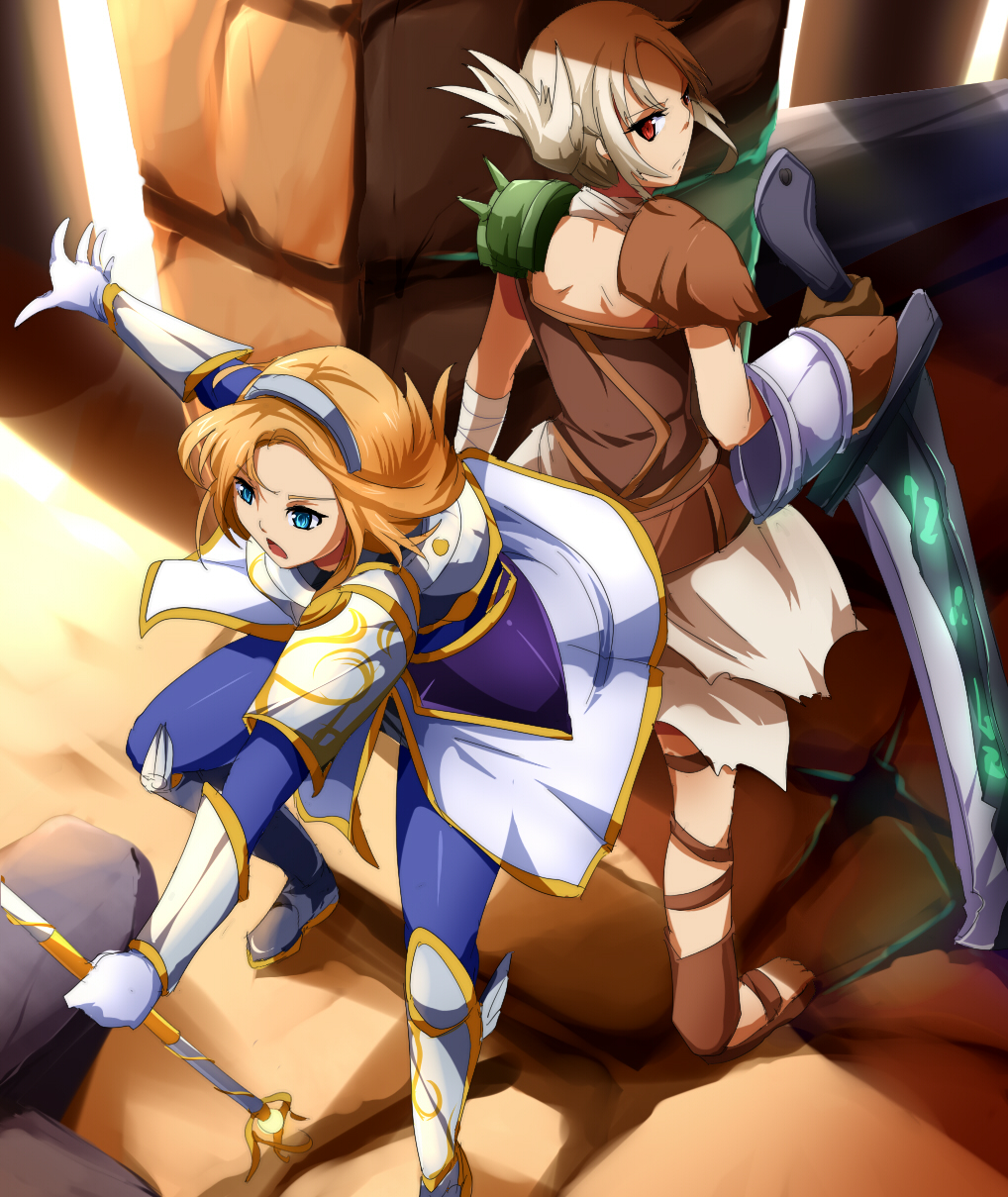 armor back-to-back bandages belt blonde_hair feet folded_ponytail gauntlets highres huge_weapon league_of_legends luxanna_crownguard multiple_girls riven_(league_of_legends) sandals short_hair shoulder_pads sword toes umakatsuhai weapon white_hair