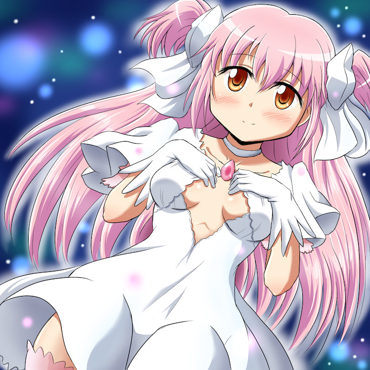 blush breasts choker dress hair_ribbon kaname_madoka long_hair mahou_shoujo_madoka_magica maru_takeo medium_breasts no_bra orange_eyes pink_hair ribbon smile solo two_side_up ultimate_madoka