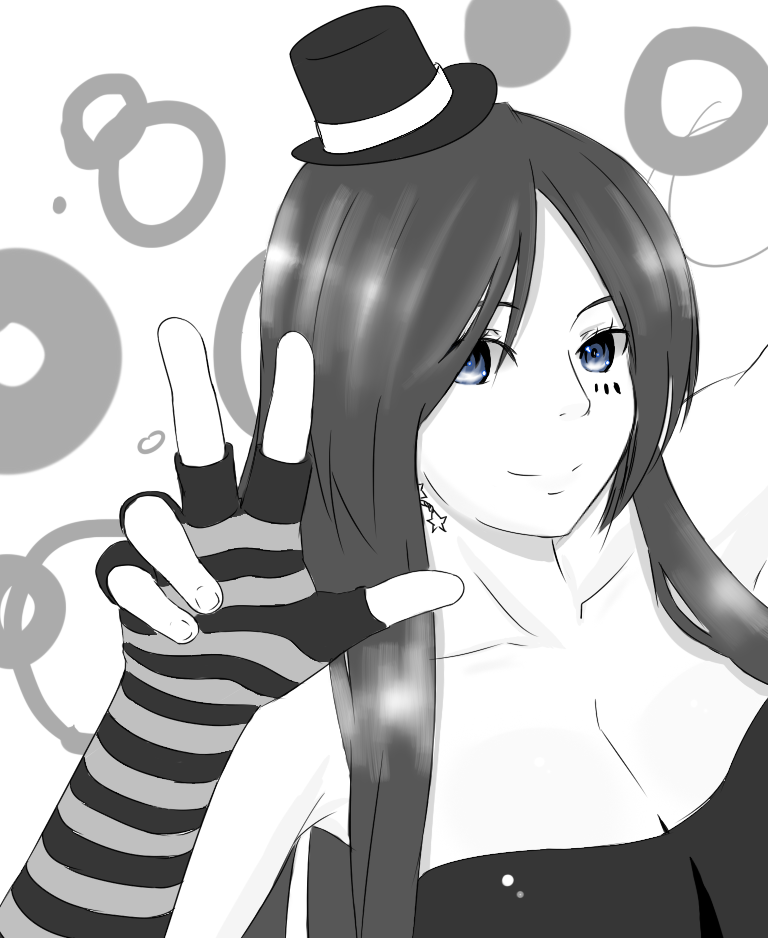blue_eyes breasts cleavage drawfag earrings fingerless_gloves gloves greyscale hair_over_one_eye hat jewelry large_breasts long_hair mini_hat mini_top_hat monochrome portrait solo spot_color striped striped_gloves top_hat v