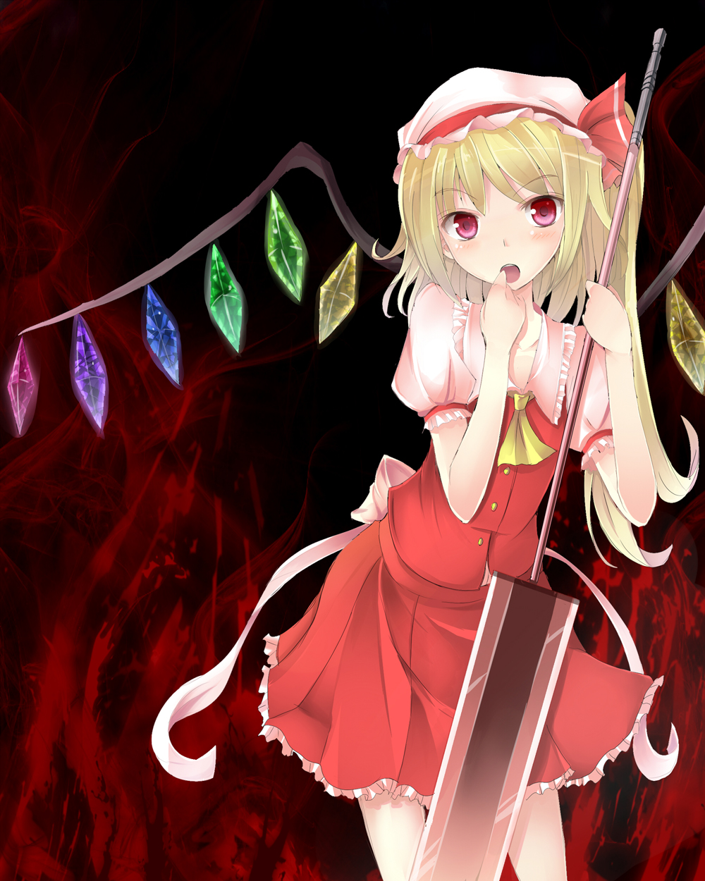 ascot bad_hands blonde_hair blush flandre_scarlet frilled_skirt frills hand_to_own_mouth hat highres horayama long_hair looking_at_viewer miniskirt open_mouth pleated_skirt red_eyes red_skirt side_ponytail skirt skirt_set solo standing sword touhou weapon wings