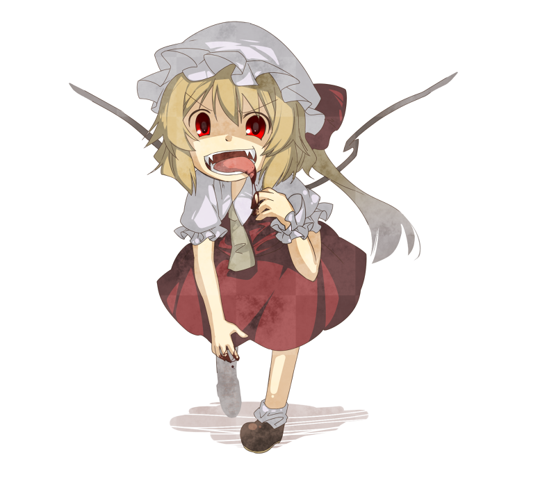 ascot bad_id bad_pixiv_id blonde_hair blood blood_in_mouth blurry depth_of_field dress eiri_(eirri) fangs flandre_scarlet hat open_mouth red_dress red_eyes shirt side_ponytail solo tongue tongue_out touhou walking wings wrist_cuffs