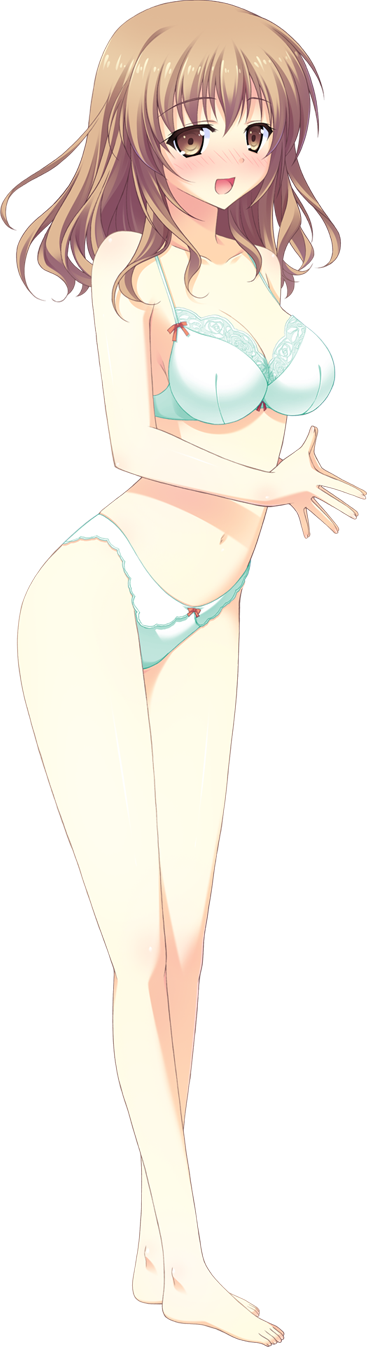 artist_request barefoot blush bow bow_bra bow_panties bra breasts brown_eyes brown_hair cleavage collarbone feet full_body green_bra green_panties hands highres kusakabe_miharu lingerie long_hair medium_breasts navel panties smile solo steepled_fingers stomach sucre transparent_background underwear underwear_only