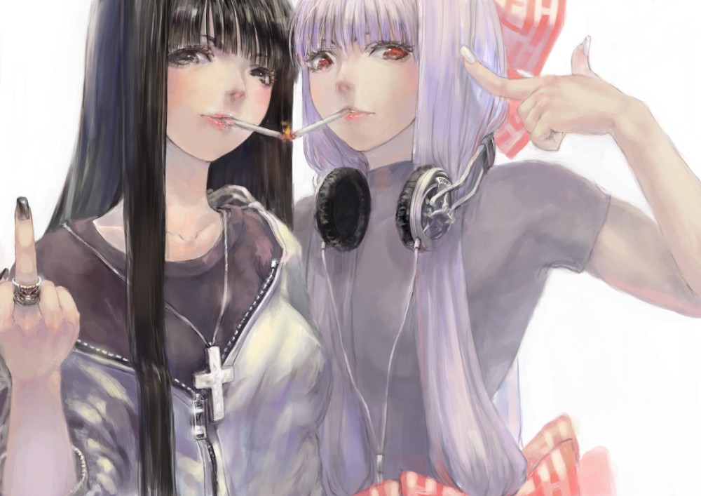 alternate_costume bad_id bad_pixiv_id bangs black_eyes black_hair blunt_bangs breasts cable casual cigarette cigarette_kiss cross cross_necklace eyelashes finger_gun fingernails flat_chest fujiwara_no_mokou hair_ornament headphones headphones_around_neck houraisan_kaguya jacket jewelry light_smile lips long_fingernails long_hair long_sleeves looking_at_viewer looking_down masuchi medium_breasts middle_finger mouth_hold multiple_girls nail_polish necklace off_shoulder pointing pointing_at_self red_eyes red_lips ring shirt short_sleeves side-by-side silver_hair simple_background skin_tight smoking straight_hair t-shirt touhou turtleneck upper_body white_background white_jacket white_nails zipper_pull_tab