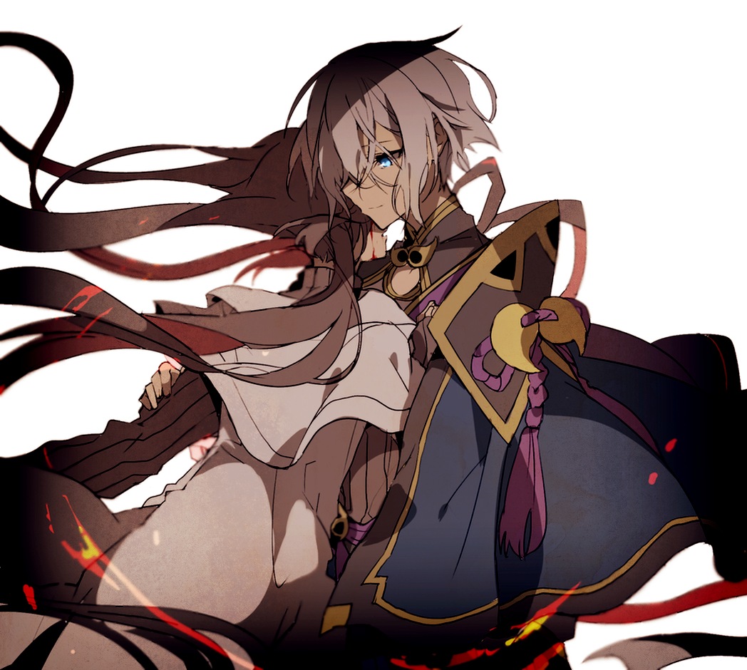 1boy 1girl akuta_hinako black_sweater blood blood_on_face blue_eyes brown_hair capelet chinese_clothes commentary_request eyebrows_visible_through_hair fate/grand_order fate_(series) gao_changgong_(fate) hair_between_eyes hair_over_one_eye hand_on_another's_arm hand_on_another's_arm hiiragi_fuyuki hug imminent_bite light_smile long_hair ribbed_sweater short_hair simple_background sweater turtleneck turtleneck_sweater vampire very_long_hair white_background white_capelet white_hair
