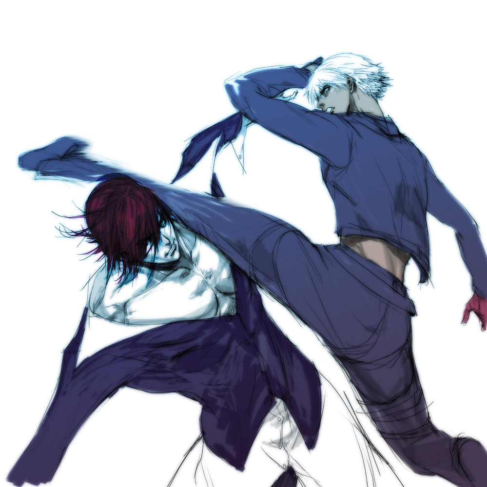 ass battle dark_skin dark_skinned_male dodging duel fingerless_gloves gloves k' kicking looking_at_another male_focus midriff multiple_boys q_azieru red_hair the_king_of_fighters white_hair yagami_iori