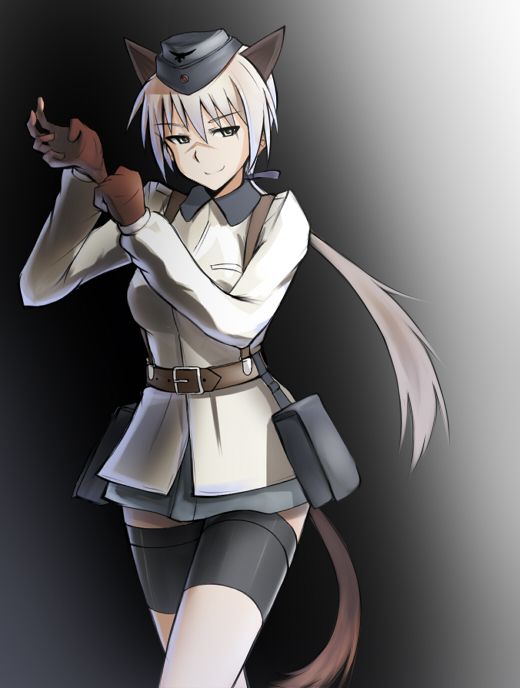 adjusting_clothes adjusting_gloves animal_ears bad_id bad_pixiv_id belt blonde_hair garrison_cap gloves hanna_rudel hat long_hair military military_uniform ponytail scar smile solo tail thighhighs ulrich_(tagaragakuin) uniform world_witches_series yellow_eyes
