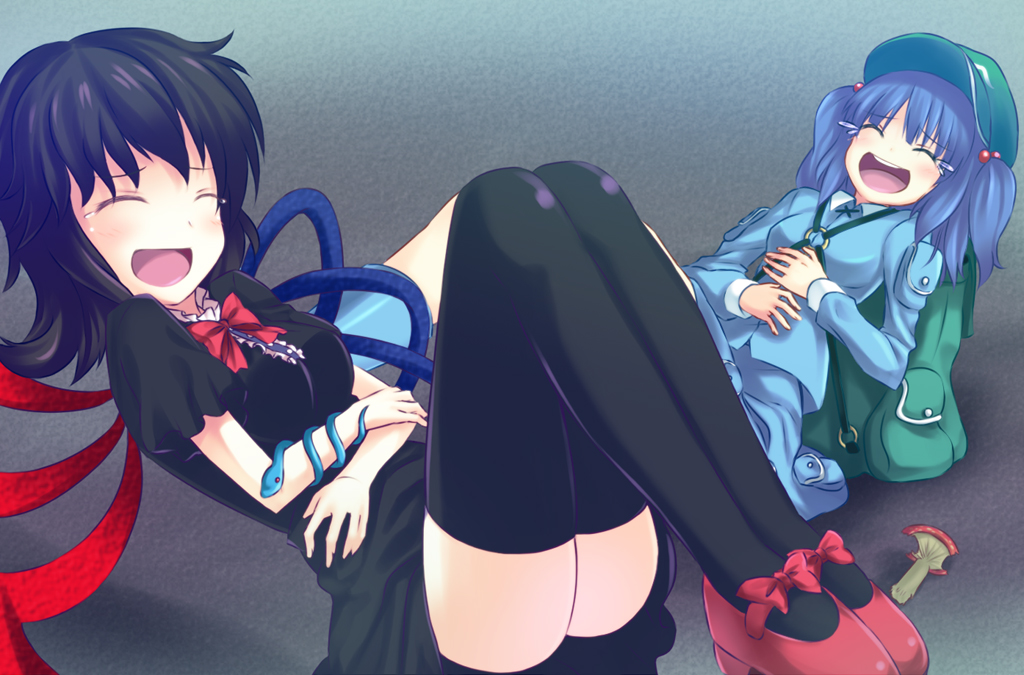 bad_id bad_pixiv_id black_legwear drugged houjuu_nue kawashiro_nitori laughing mary_janes multiple_girls mushroom no_panties shiwasuzuki shoes teardrop tears thighhighs touhou two_side_up upskirt wings