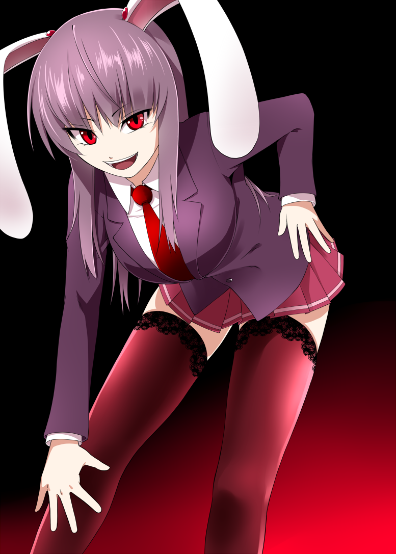 animal_ears bad_id bad_pixiv_id breasts bunny_ears hand_on_hip lace lace-trimmed_thighhighs large_breasts leaning_forward legs mattari_yufi miniskirt naughty_face necktie pink_skirt pleated_skirt purple_hair red_eyes red_neckwear reisen_udongein_inaba skirt striped striped_skirt thighhighs touhou