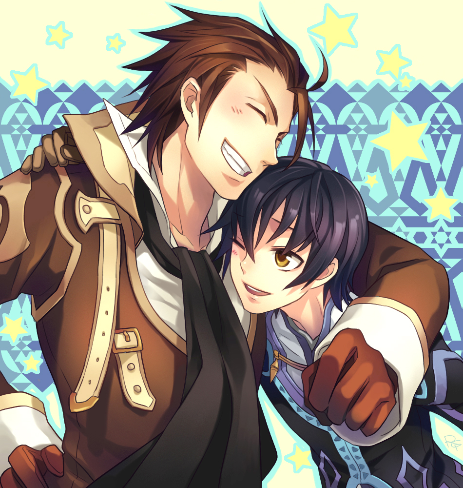 alvin_(tales) black_hair brown_hair gloves grin jude_mathis male_focus multiple_boys rogin_(log-in) scarf smile tales_of_(series) tales_of_xillia wince yellow_eyes