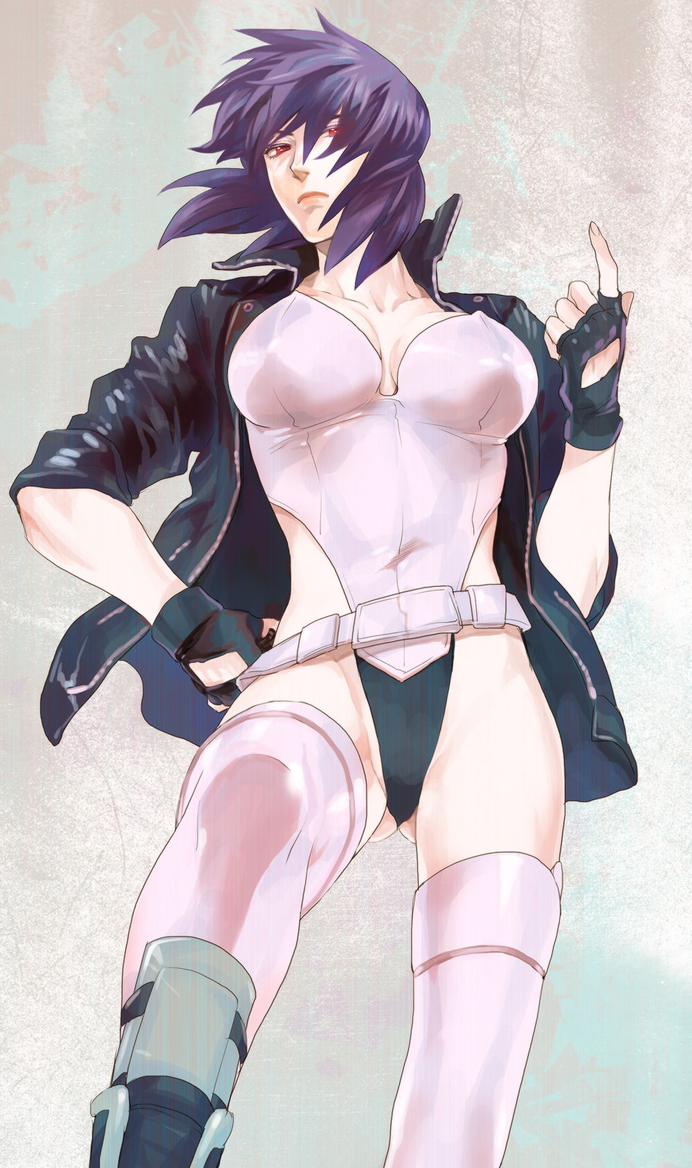 bangs belt black_gloves boots breasts breasts_apart cleavage clenched_hands colored_eyelashes cyberpunk fingerless_gloves foreshortening frown ghost_in_the_shell ghost_in_the_shell_stand_alone_complex gloves groin half-closed_eyes hand_on_hip highleg highleg_leotard highres index_finger_raised jacket kusanagi_motoko large_breasts leather leather_jacket leotard lips loose_belt open_clothes open_jacket purple_hair red_eyes science_fiction serious short_hair solo standing suzuki_tsuta thighhighs