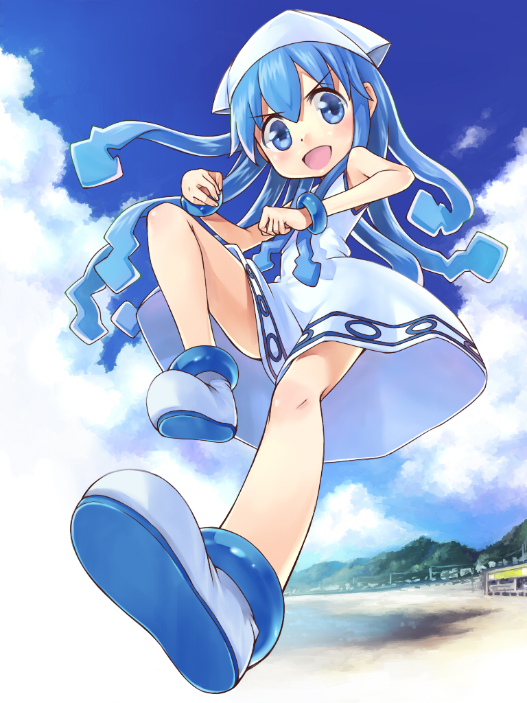 :d bad_id bad_pixiv_id blue_eyes blue_hair dress hat ikamusume long_hair open_mouth outstretched_leg perspective shinryaku!_ikamusume smile solo tentacle_hair umeboshitora v-shaped_eyebrows