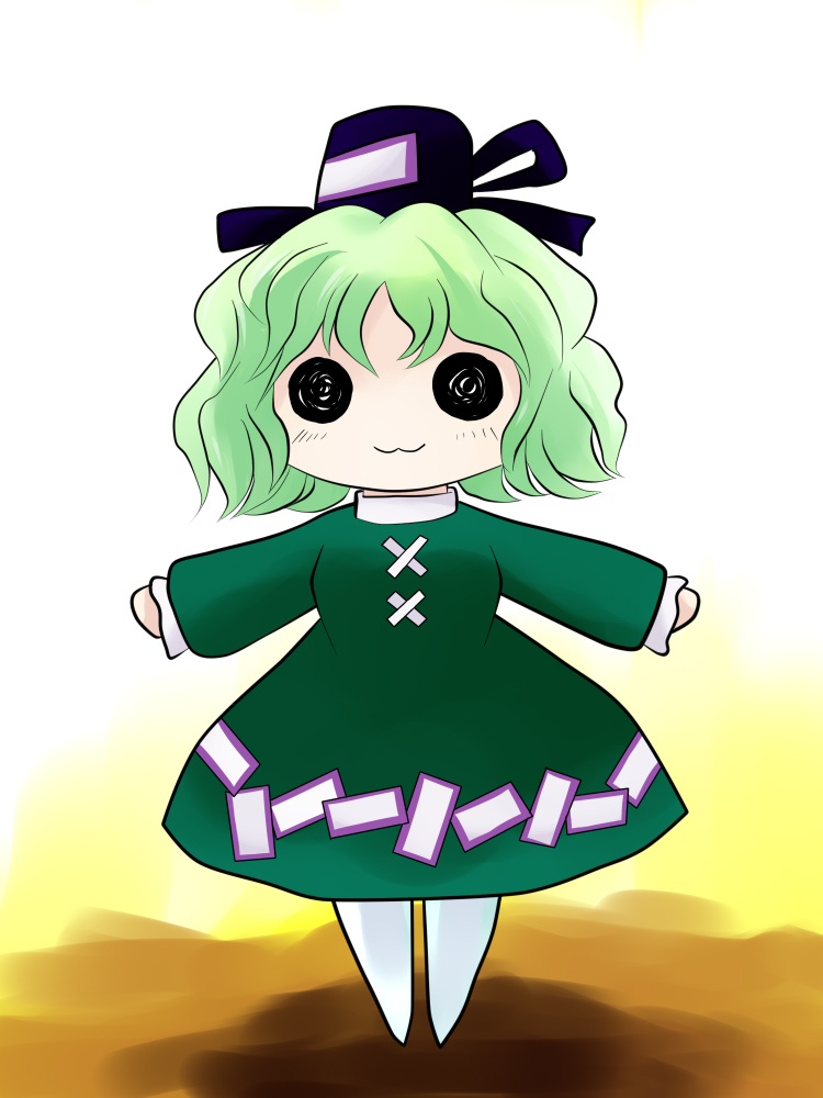 :3 dress ghost_tail green_dress green_hair hat multiple_tails o_o outstretched_arms short_hair soga_no_tojiko solo tail touhou yume_shokunin