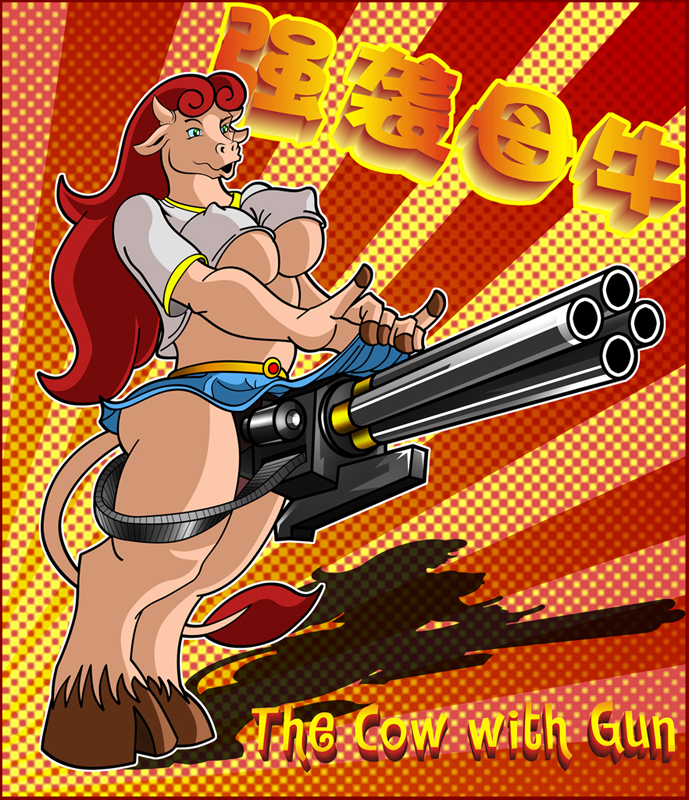 blue_eyes bovine breasts cattle chinese_text clothed clothing cow english_text female gun hair horn mammal minigun nipples ranged_weapon red_hair skimpy skirt solo teats text udders wangkingfun weapon