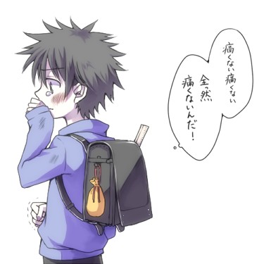 backpack bag black_hair kamijou_touma lowres male_focus ruler solo spiked_hair spring_water tears to_aru_majutsu_no_index translated younger