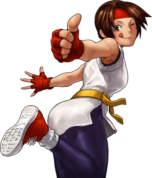;q artist_request brown_hair converse dougi fingerless_gloves gloves headband one_eye_closed ryuuko_no_ken shoes short_hair sneakers solo spandex the_king_of_fighters thumbs_up tongue tongue_out yuri_sakazaki
