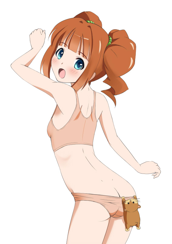 :o animal bare_shoulders blue_eyes blush brown_hair butt_crack drill_hair from_behind ginjyasei hamster hamuzou idolmaster idolmaster_(classic) looking_back orange_hair panties panty_pull simple_background solo sports_bra takatsuki_yayoi twin_drills twintails underwear underwear_only