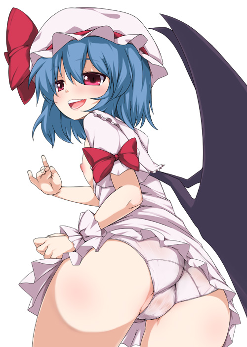 ass bad_id bad_pixiv_id bat_wings blue_hair flat_chest hat nipples panties pussy raiden_(raiden_labo) red_eyes remilia_scarlet see-through solo touhou trefoil underwear wings wrist_cuffs