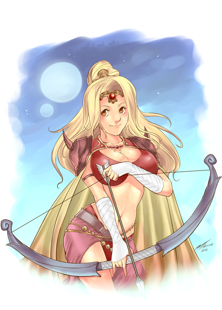 arcbuncle armor arrow belt blonde_hair bow_(weapon) breasts brown_eyes cape circlet cleavage cloud final_fantasy final_fantasy_iv full_moon gauntlets large_breasts long_hair midriff moon multiple_moons navel pauldrons ponytail purple_sarong rosa_farrell sarong sky smile solo thighs weapon